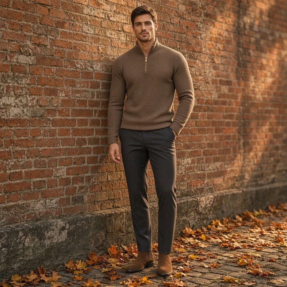 CHEKK Grid-Patterned Half-Zip Sweater