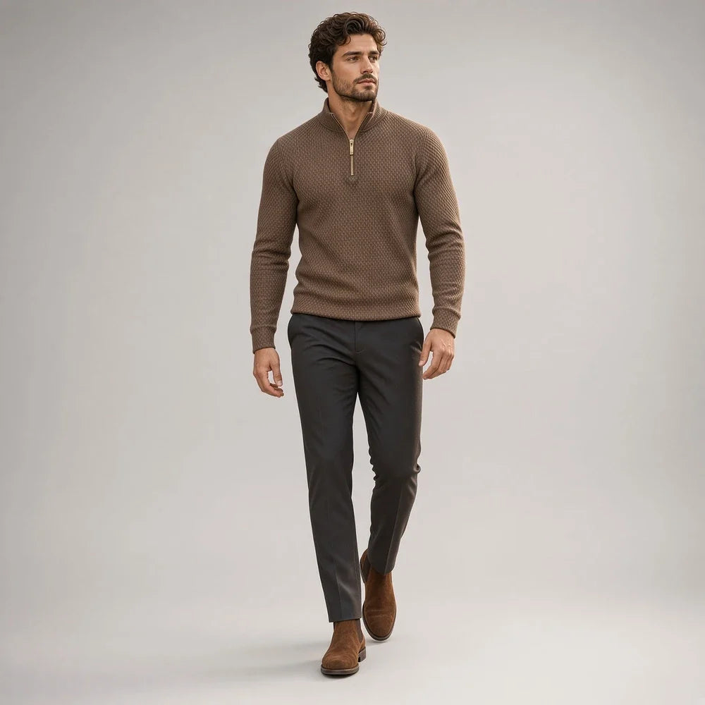 CHEKK Grid-Patterned Half-Zip Sweater