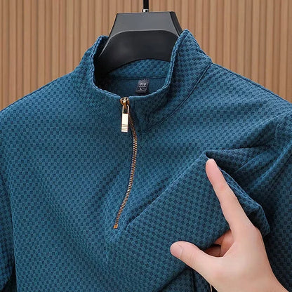 CHEKK Grid-Patterned Half-Zip Sweater