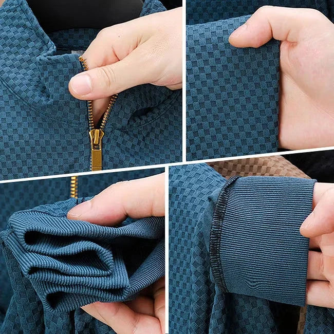 CHEKK Grid-Patterned Half-Zip Sweater