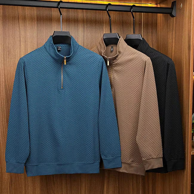 CHEKK Grid-Patterned Half-Zip Sweater