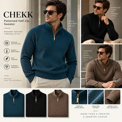 CHEKK Grid-Patterned Half-Zip Sweater