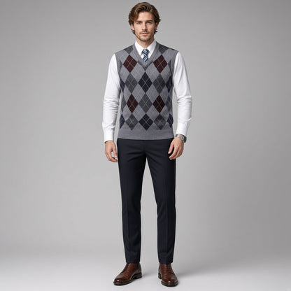 CONARD V-Neck Jacquard Plaid Vest