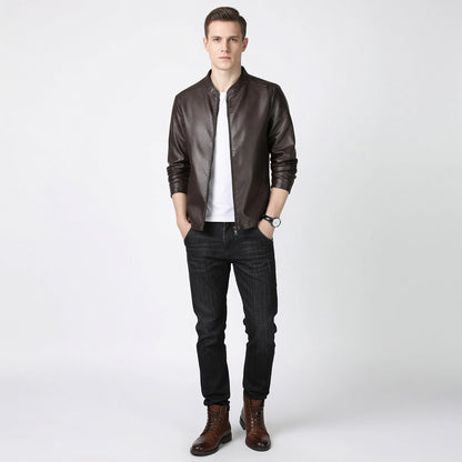 JACE Stand Collar Faux Leather Jacket