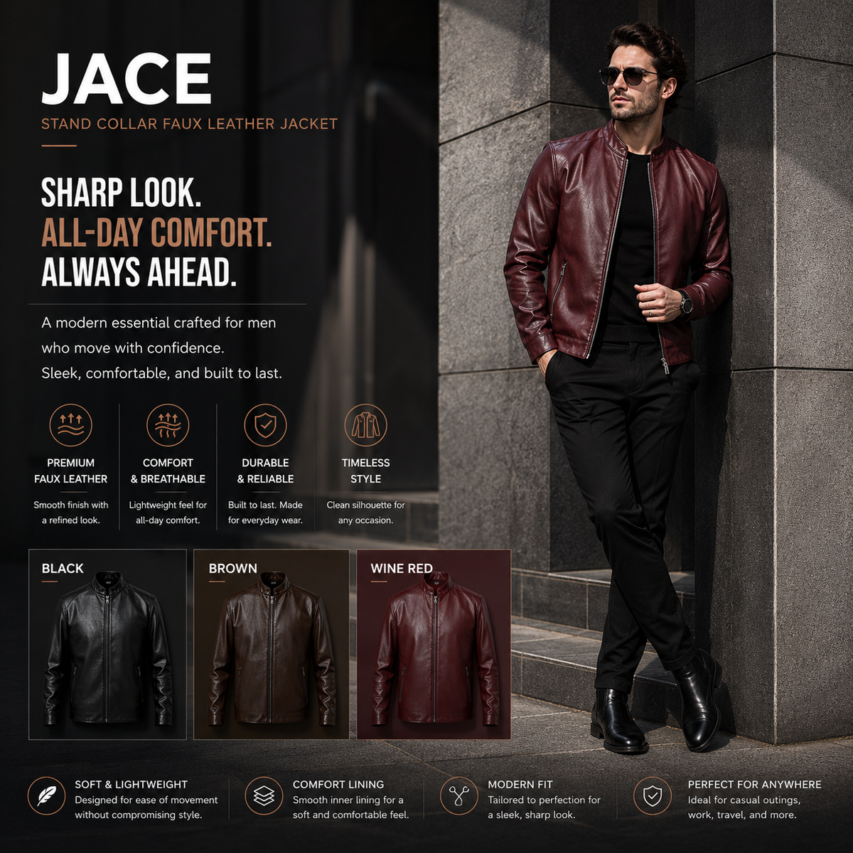 JACE Stand Collar Faux Leather Jacket