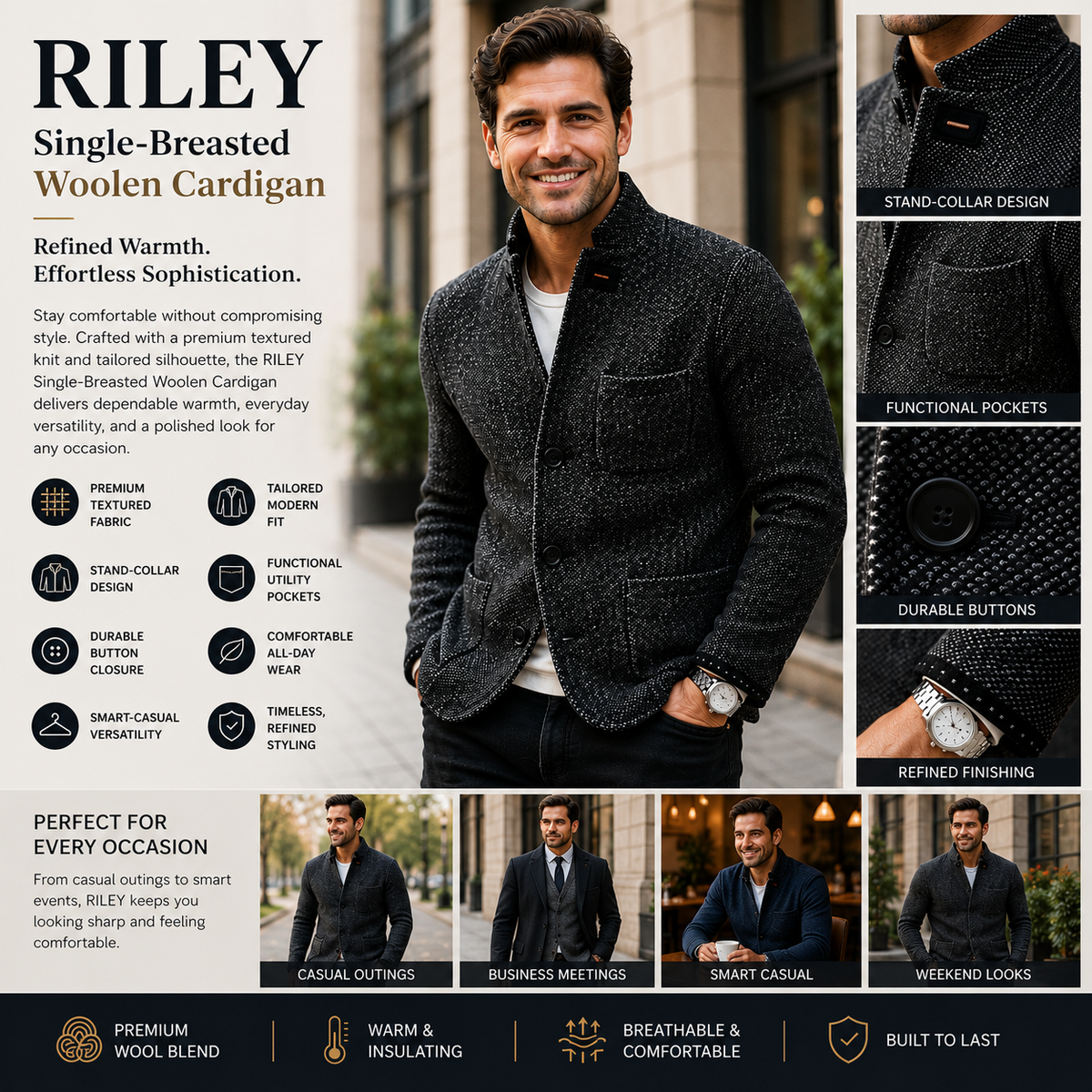 RILEY Single-Breaster Woolen Cardigan