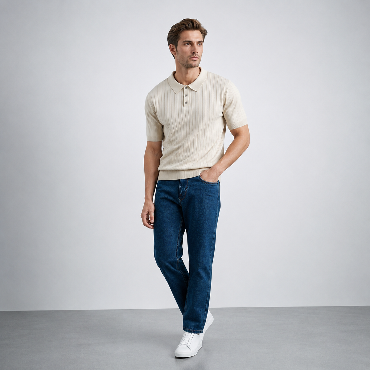 RUMIN Striped Knit Casual Polo