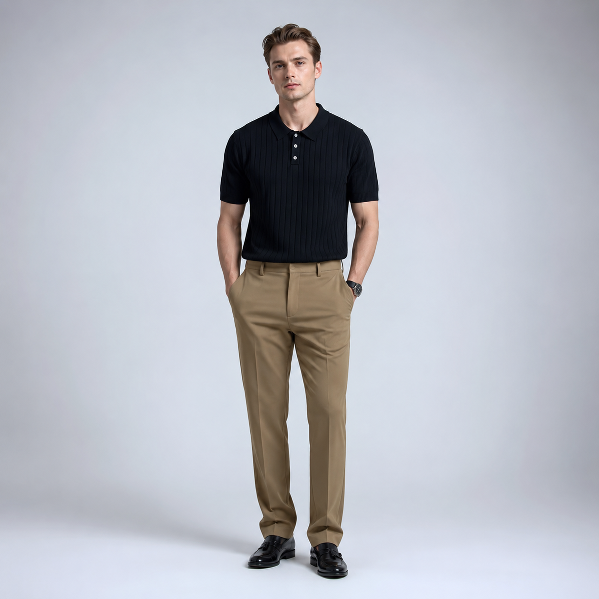 RUMIN Striped Knit Casual Polo