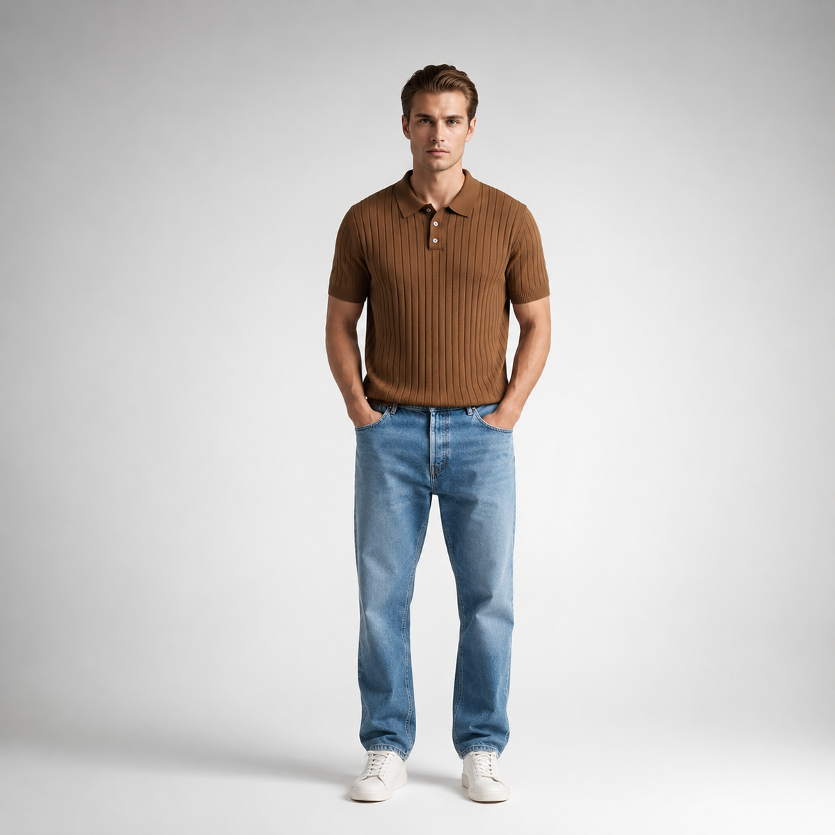 RUMIN Striped Knit Casual Polo