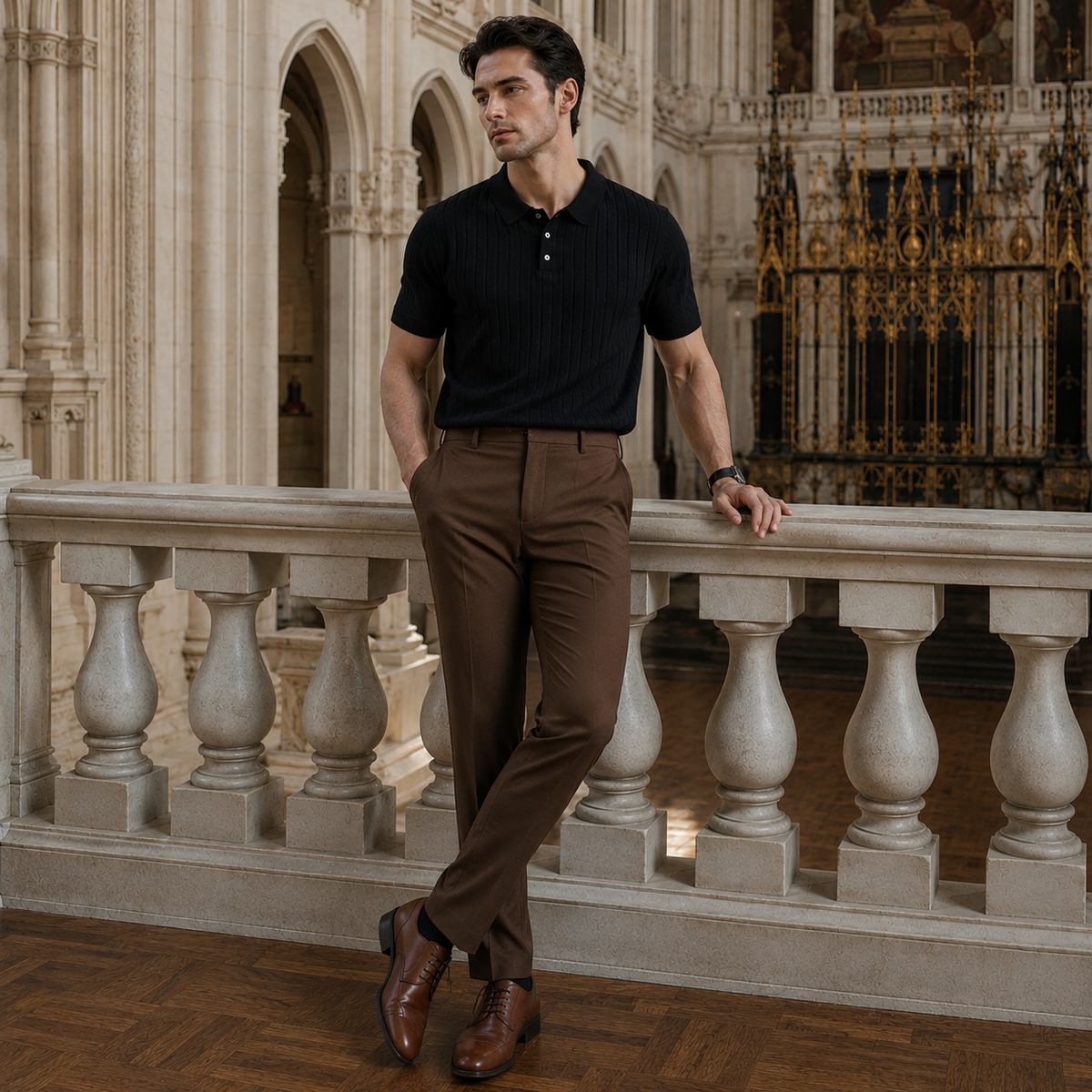 RUMIN Striped Knit Casual Polo