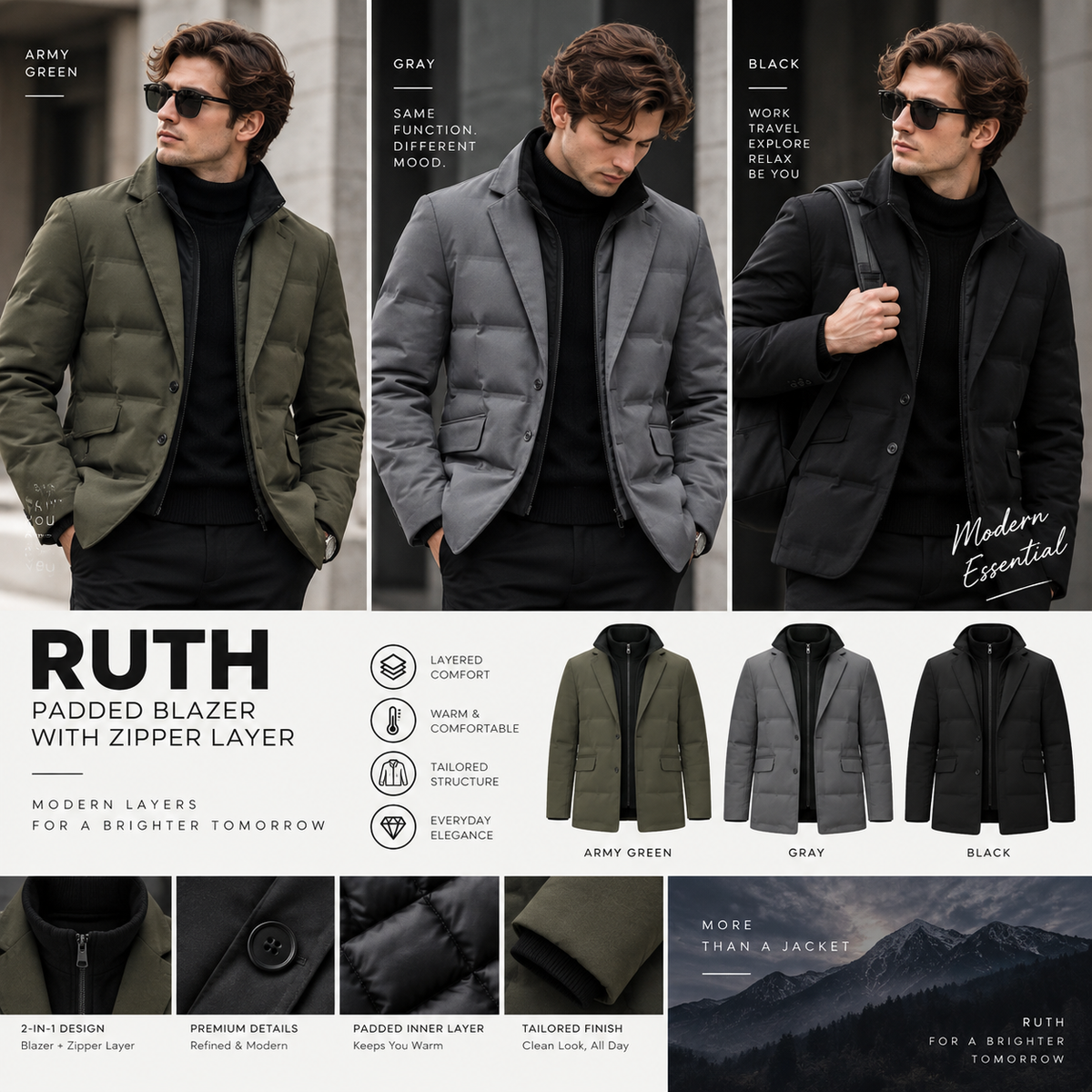 RUTH Padded Blazer with Zipper Layer