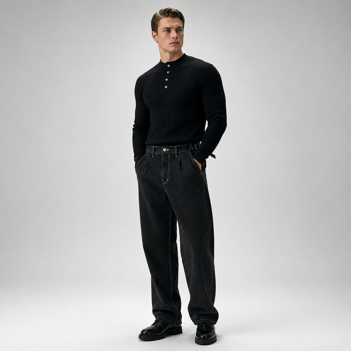 RUXUS  Premium Stripe Henley Collar Longsleeve