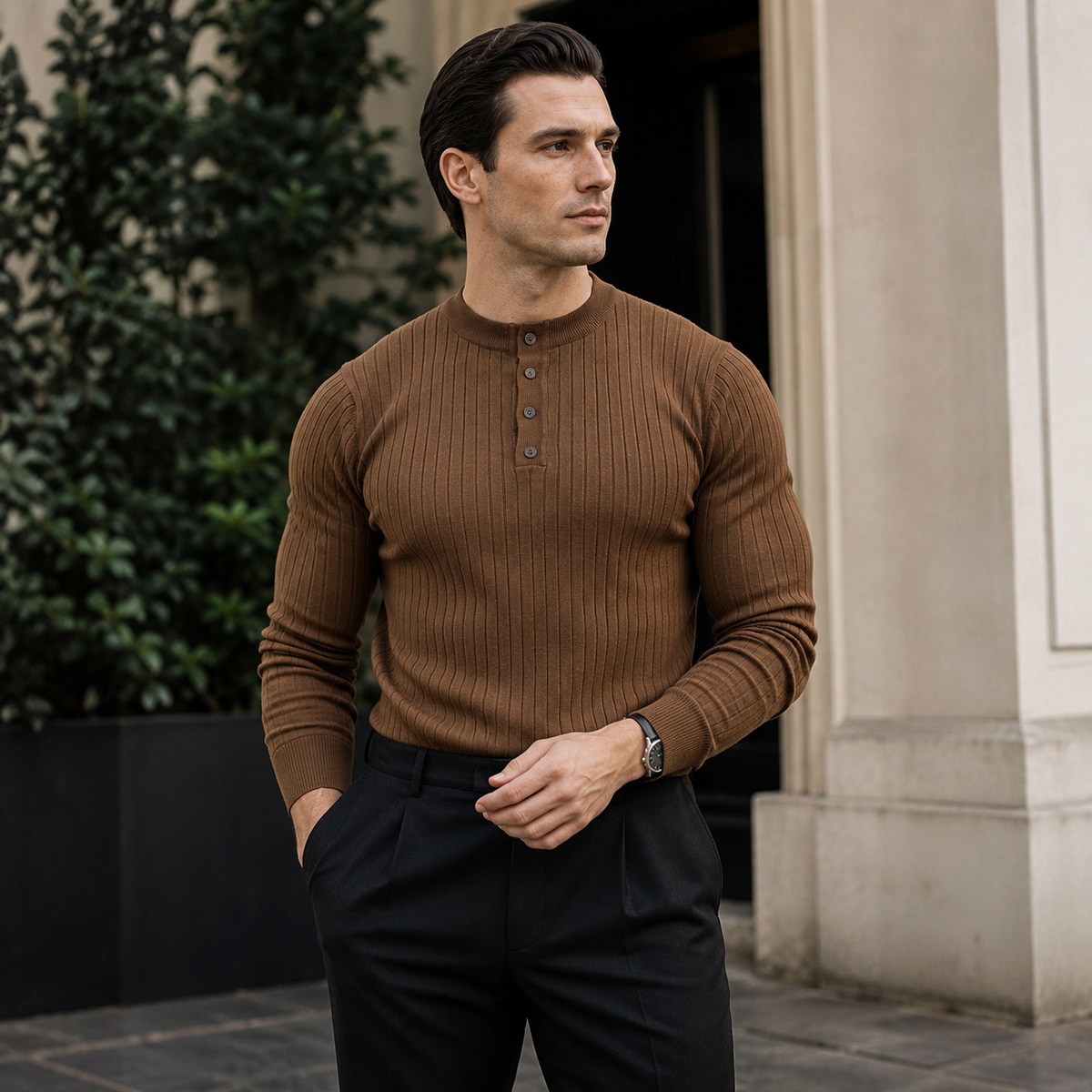RUXUS  Premium Stripe Henley Collar Longsleeve