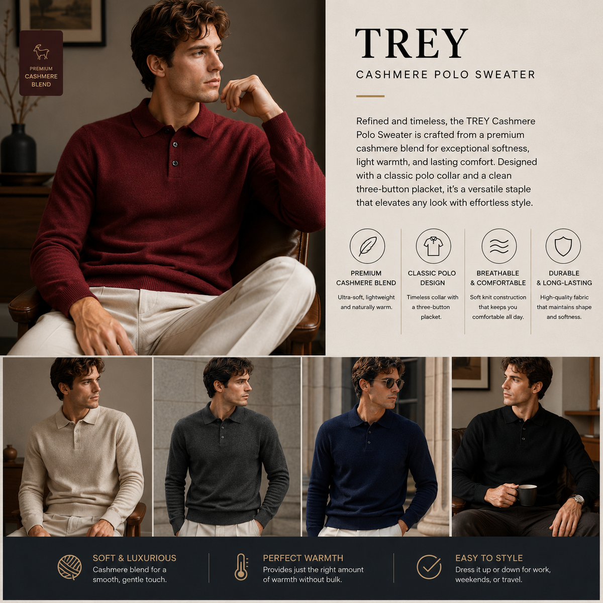 TREY Cashmere Polo Sweater