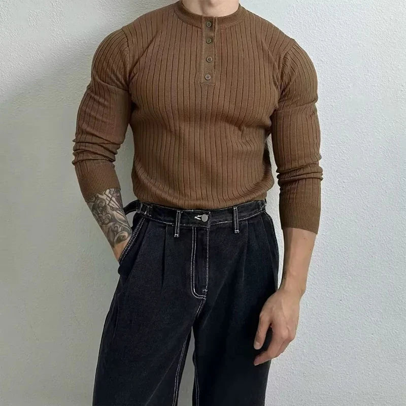 RUXUS  Premium Stripe Henley Collar Longsleeve