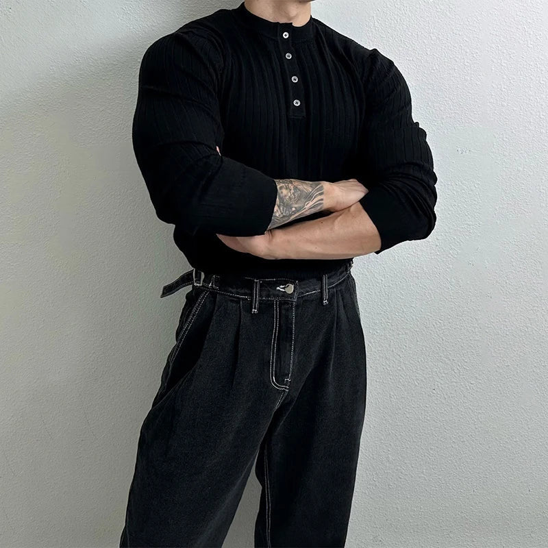 RUXUS  Premium Stripe Henley Collar Longsleeve