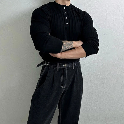 RUXUS  Premium Stripe Henley Collar Longsleeve